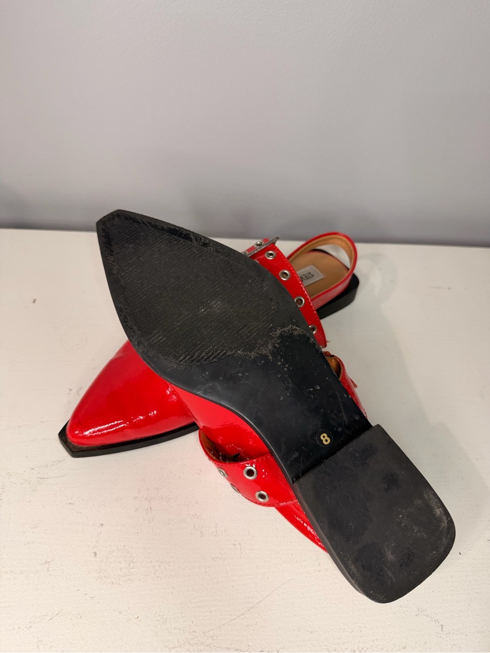 Steve Madden Red Patent Pointed Slingback Flats with Studded Buckle - Picture 3 of 5